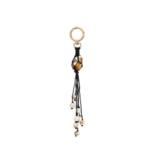 Handcrafted Woven Rope Net Colorful Stone Tassels Bag Charm Metal Keychain Accessory