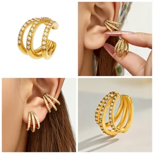 Stainless steel 18K gold plated full diamond wrap spiral open ring detail and wear presentation.
