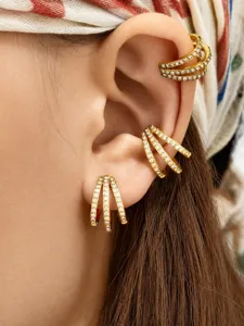 Chic 18K gold plated triple band rhinestone ear cuffs, stylish piercing jewelry for women.