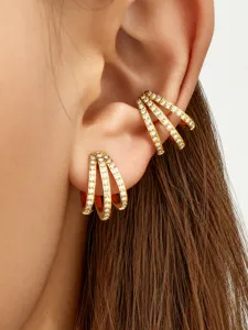 Gold-plated multi-layer pave crystal ear cuffs and ring jewelry set for women, elegant daily wear.