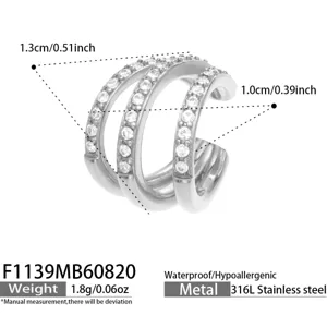 Stainless steel multi-band pavé crystal ear cuff and ring, waterproof and hypoallergenic.
