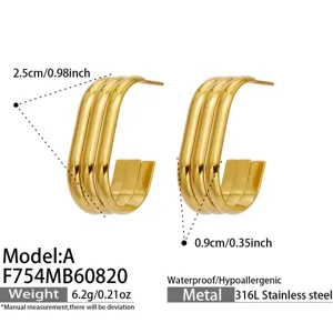 Pendientes de aro en C cuadrados abiertos de acero inoxidable chapados en oro de 18K