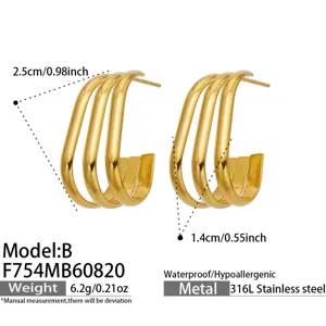 Aretes de aro C abiertos cuadrados de capas chapados en oro de 18k de acero inoxidable