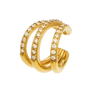 Stainless steel 18k gold-plated triple layered spiral rhinestone open ring jewelry for women.