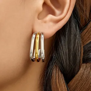 Pendientes de Aro de Acero Inoxidable Minimalistas Geométricos en Capas Cuadrados Abiertos en Forma de C Joyería de Moda para Mujer