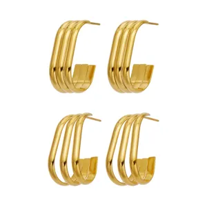 Elegantes pendientes de aro en C cuadrados multicapa de acero inoxidable chapado en oro de 18k.