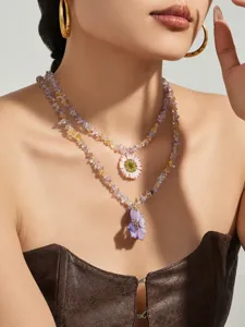 Mehrlagige Kristall Splitter Halskette mit Harz Blumen Anhänger für Damen Schmuck