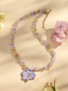 Natürlicher Kristallsplitter Perlenkette mit Harzblumen Anhänger edler Edelstahlschmuck Damen