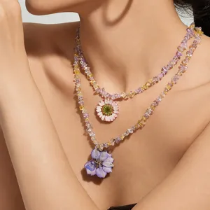 Doppelreihige Naturkristall Kette mit Harz Blumen Anhänger für Damen Hauptansicht