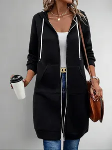 Women long zip hoodie casual outerwear jacket with drawstring hood and pockets for daily wear.
