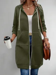 Casual long hooded zip-up sweatshirt jacket detail view showing cozy fabric and front pockets.
