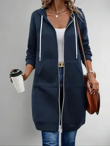 Detailed view of women's long hooded zip-up sweatshirt in dark blue, casual autumn outer.