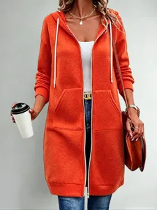 Orange long hooded sweatshirt detail, casual zip-up jacket design with drawstring hood.