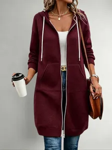 Women casual long zip-up hooded sweatshirt pocket outerwear daily winter fashion jacket