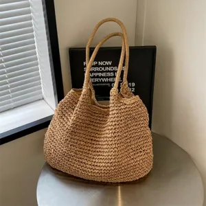 Sac Fourre-tout en Paille Tissé à la Main Grande Capacité Femmes Été Plage Sac à Bandoulière Vacances Décontracté
