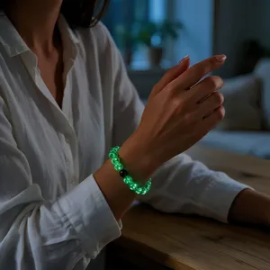 Luminous crystal bead bracelet detail showcasing glowing green effect for daily wear and anxiety.