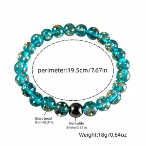 Blue glass bead bracelet with gold foil and hematite stone for women and men crystal healing.