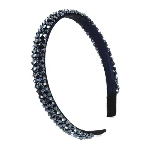 Close-up detail of dark rhinestone headband, exquisite crystal embellished hair accessory design.