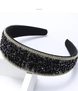 Black crystal rhinestone headband, elegant vintage wide hair hoop for women and girls.