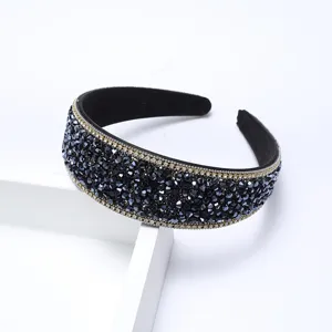 Elegant wide crystal headband with sparkling rhinestones, vintage black hair hoop for women.