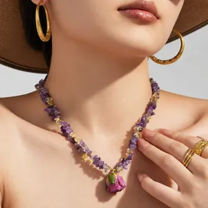 Harz Rose Anhänger Naturkristall Lagiger Halskette 18K Vergoldet Edelstahl Schmuck