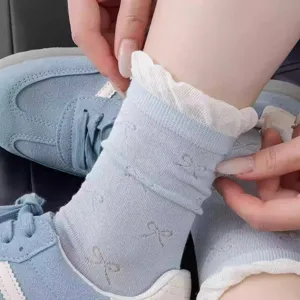 Women Sweet Ruffle Lace Bowknot Mesh Mid Tube Socks Breathable Polyester Fashion Casual Daily Hosiery