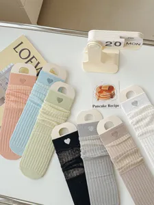 Spring summer thin mid-calf slouch socks with heart embroidery, breathable mesh, sweet style.