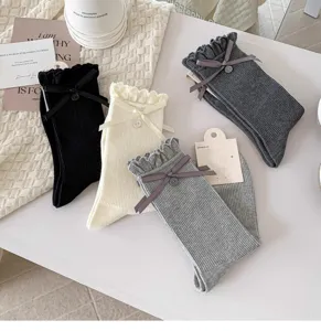 Damen Schleife Knopf lange Bänder Stapel Socken Baumwolle grau Strumpfwaren Detailansicht