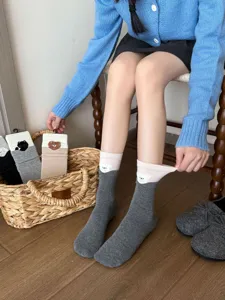 Cute bear embroidered women cotton socks, Korean ins style casual grey mid-tube socks.