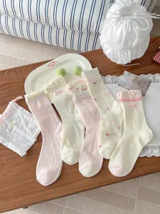Sweet lace mesh mid-tube socks for women, breathable summer cute bow floral socks