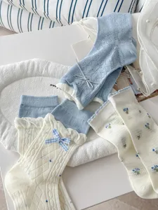 Women bow mid tube socks sweet floral knit long socks cute aesthetic casual hosiery daily wear