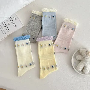Dettaglio di calzini dolci da donna con pizzo floreale, morbidi in cotone medio.
