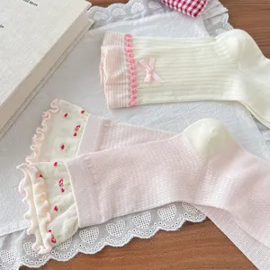 Sweet Korean style summer mid-tube socks with cute bows, lace ruffles and breathable mesh.