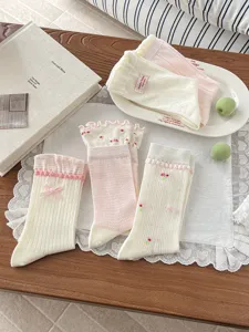 Cute ruffles bow mesh mid-calf socks sweet floral breathable summer stylish hosiery for women