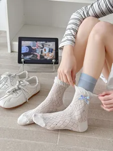 Cute Korean style women mid-calf socks with blue bow and lattice knit pattern thin socks
