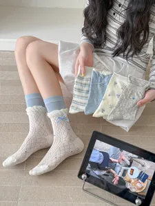 Korean style cute bow mid-calf socks with floral and stripe patterns, sweet daily wear.