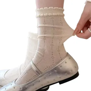 Chaussettes mi-hautes à volants crème femme été fines et respirantes en coton doux