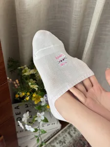 White summer mesh invisible boat socks featuring cute pink bow cat embroidery and breathable design.