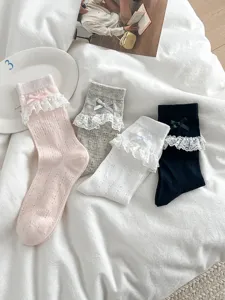 Sweet JK style lace mesh mid-tube socks with cute bows for summer fashion wear and daily look.