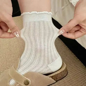 Chaussettes mi-mollet femme été fine couleur unie maille ajourée style japonais coton