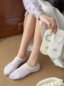Japanese cute cat embroidery thin invisible boat socks with mesh breathable design for summer detail view