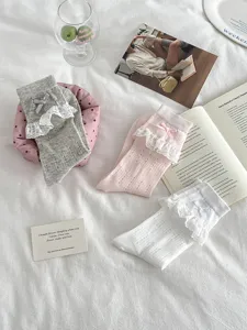 Sweet JK lace mesh mid-tube socks with cute bows, breathable summer thin cotton socks.