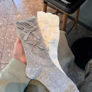 Women cute bow mid-calf socks sweet ribbon hollow knit design daily fashion hosiery item