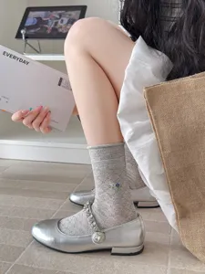 Women grey floral mid-calf socks Korean style vintage sweet casual daily wear fashion cute