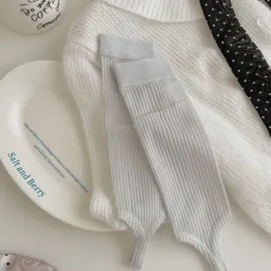 Women summer thin stirrup leg warmers vertical striped grey foot cover ballet style detail