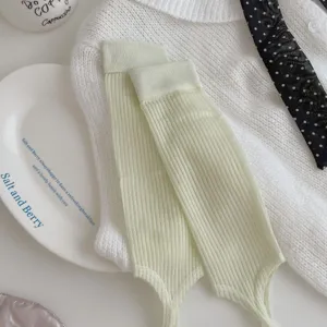 Detail view of women summer thin knit stirrup socks, Korean style vertical stripe foot covers.