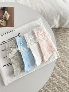 Sweet lace ruffle mesh mid-calf socks set, cute bows, soft breathable summer daily wear.