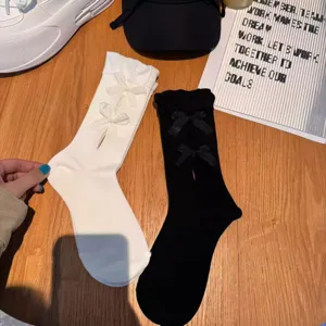 Women cute hollow bow mid-tube socks sweet ribbon design casual fashion hosiery pairs
