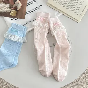 Sweet summer mesh ruffle socks with cute bows, soft lace mid-tube design for sweet style.