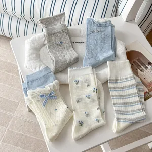 Women Sweet Bowknot Striped Floral Mid Tube Socks Casual Comfortable Breathable Cotton Fashion Daily Hosiery